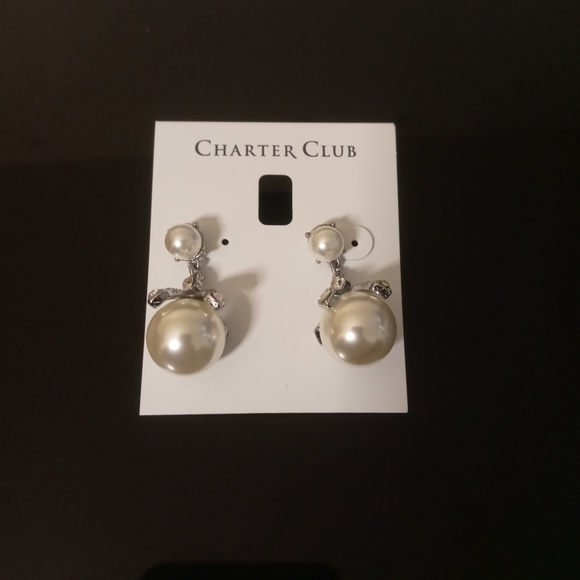 Charter Club Silver-Tone Pave & Imitation Pearl Drop Earrings - Picture 4 of 5